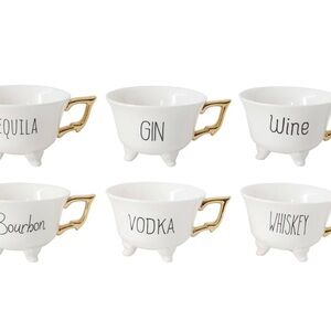 6 Creative Co-Op Stoneware Footed Teacup with Saying and Gold Electroplating